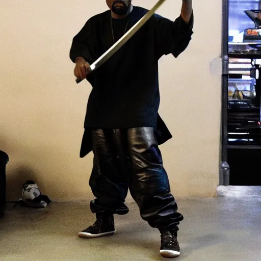 Prompt: Kanye West wielding a katana