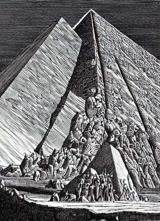 Image similar to nyarlatothep, the bloody tongue, pyramids in the background, in the style of gustav dore