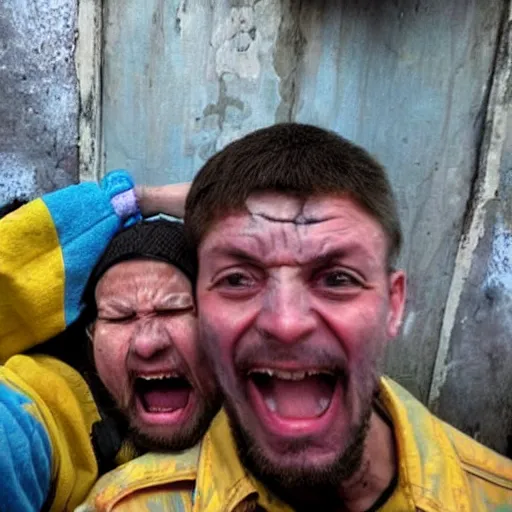 Image similar to the last selfie taken in ukraine after the nuclear war, the ukrainian in yellow and blue rags screaming and crying in pain, terrible terrible mutations and injuries, with a nuclear explosion next to it destroying everything in a second