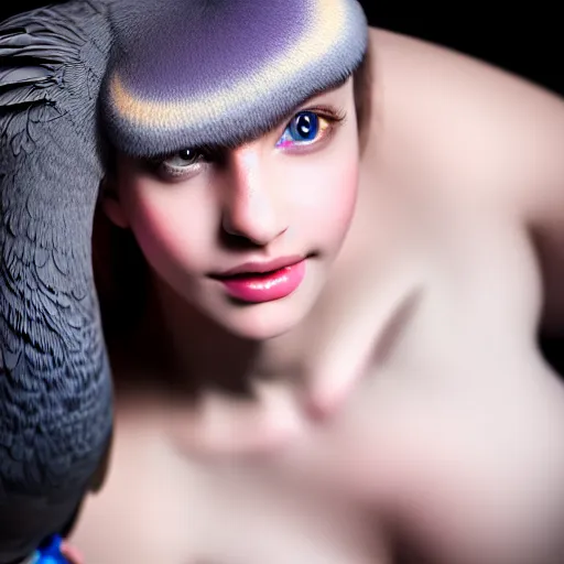 Prompt: beautiful humanized pigeon - girl in full growth, studio shot in style, professional photographer, many details, super realistic, high quality, 8 k