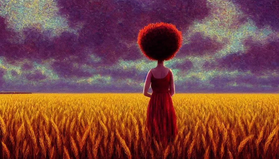 Image similar to giant red carnation afro head, full body, girl watching sunset, empty wheat field, surreal photography, forest background, dramatic light, impressionist painting, colorful clouds, digital painting, pointillism, artstation, simon stalenhag