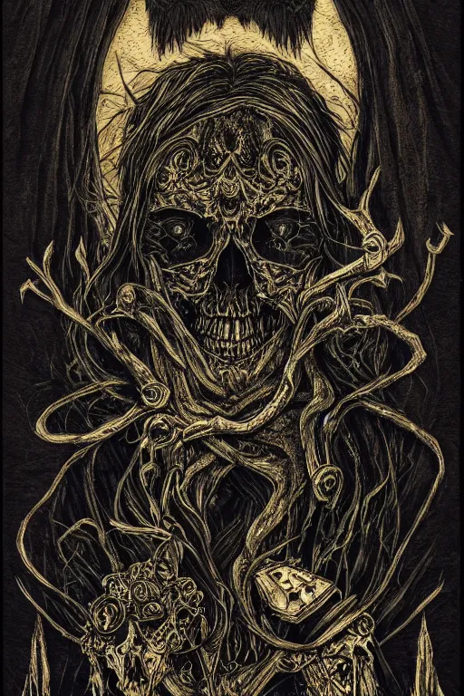 Prompt: Portrait of the Prince of Entropy, gothic, pagan, high fantasy, black paper, dark atmosphere, skulls, detailed, cinematic, ornate, tarot card, highly detailed, ink illustration, golden ratio, 8k,