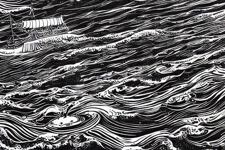 Image similar to a black and white photo of an ocean with a tiny ship in the waves, an album cover by hallsteinn sigurðsson, trending on behance, optical illusion, chillwave, concert poster, poster art