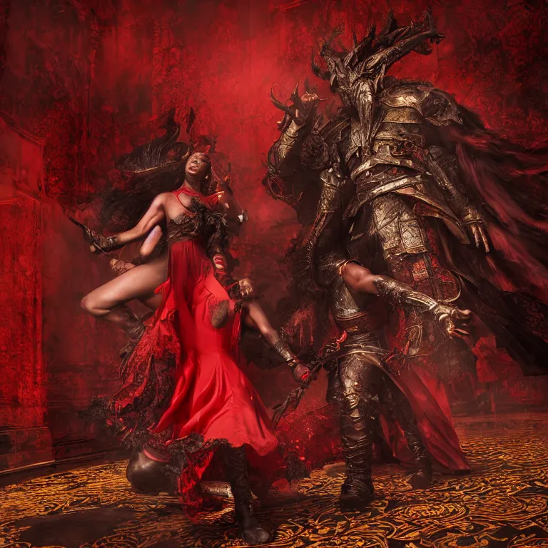 Image similar to black man and a female devil in red dress dancing, Dark Souls 3 themed, in style of Ruan Jia, insanely detailed and intricate, golden ratio, elegant, ornate, luxury, elite, matte painting, cinematic, cgsociety, James jean, Brian froud, ross tran, Laputa