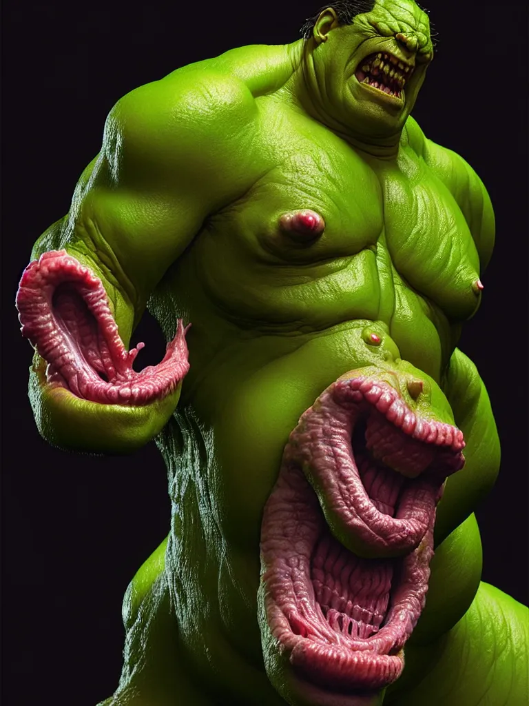 Prompt: hyperrealistic rendering, fat smooth cronenberg flesh monster hulk by donato giancola and greg rutkowski and wayne barlow and zdzisław beksinski, product photography, action figure, sofubi, studio lighting, colored gels, colored background