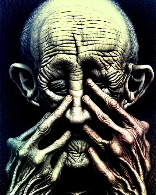 Image similar to close up portrait of very old man with no eyes and hands for face drawn by beksinski, high definition