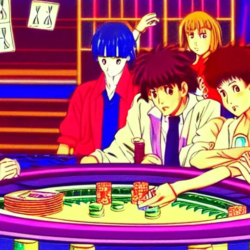 Image similar to man losing all his money at the poker table, sprite, vaporwave nostalgia, directed by beat takeshi, visual novel cg, 8 0 s anime vibe, kimagure orange road, maison ikkoku, sketch by osamu tezuka, directed by makoto shinkai and beat takeshi