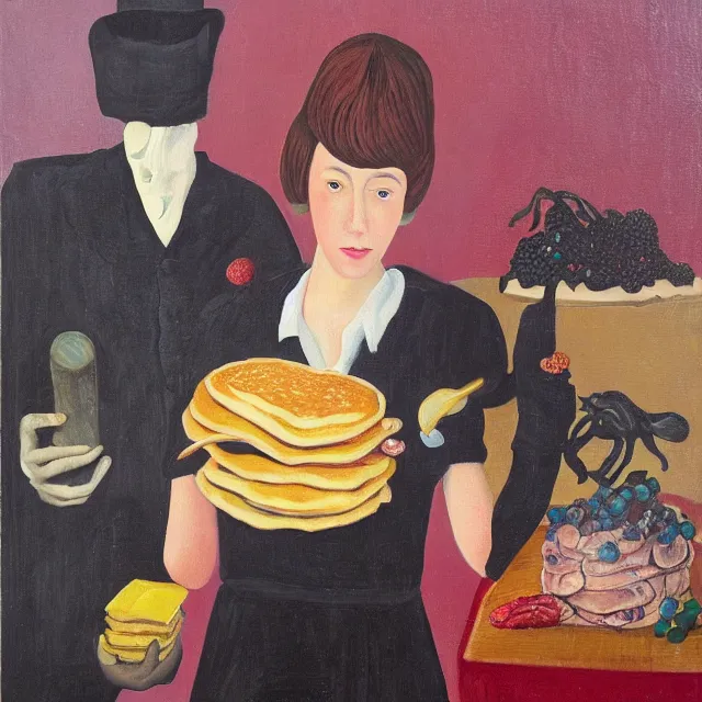 Image similar to tall emo female artist holding an artist's palette, pancakes, in chippendale sydney, gold bars, maple syrup, snails, berries, pigs, octopus, broomstick, acrylic on canvas, surrealist, by magritte and monet