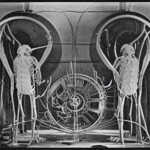 Image similar to old black and white photo, 1 9 1 3, depicting biomechanical aliens inside vats, historical record