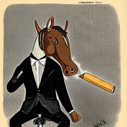 Image similar to an antropomorphic horse wearing a suit smoking a cigar