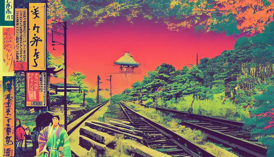 Image similar to Japan rural splendor rail travel and touring c2050, surrealist psychedelic photo-collage painting spot illustration in the style of Newsweek magazine, +81 magazine, muted deep neon color, clean slick design
