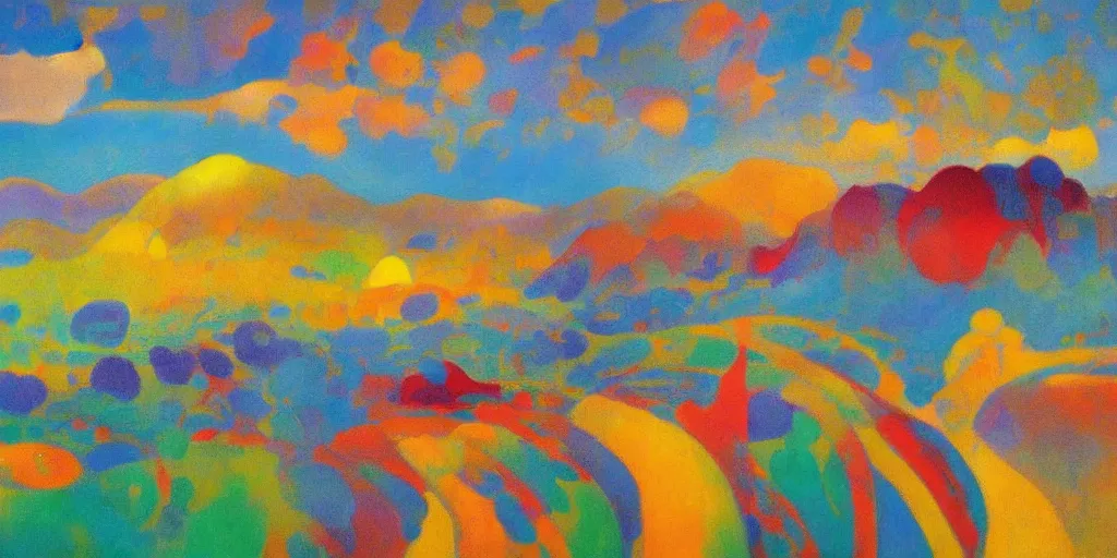 Prompt: An insane, modernist landscape painting. Wild energy patterns rippling in all directions. Curves, organic, zig-zags. Mountains, clouds. Rushing water. Waves. Psychedelic dream world. Odilon Redon. Agnes Pelton. Peter Max.