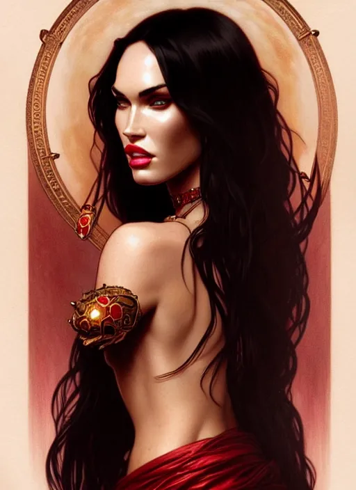 Image similar to portrait of megan fox as a vampire queen, jewelry, greek, ruby, intricate, headshot, highly detailed, digital painting, artstation, concept art, sharp focus, cinematic lighting, illustration, art by artgerm and greg rutkowski, alphonse mucha, cgsociety