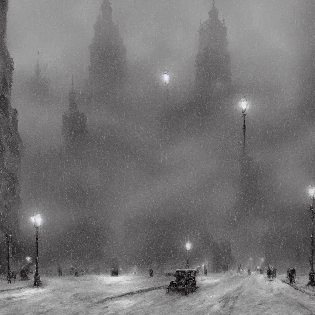 Image similar to 1 9 2 0 s warsaw during an arctic storm, dark, digital art, by james gurney