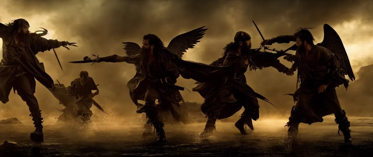 Image similar to pirates fighting angels of God, cinematic atmosphere, maximized, high detail, 8k, ornate, dark fantasy, masterpiece, complex, film still from the movie directed by Denis Villeneuve