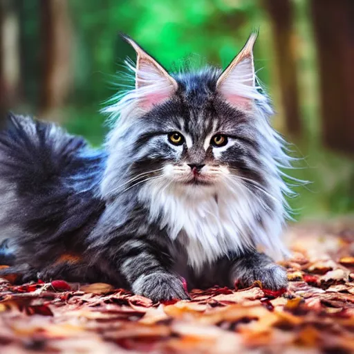 Image similar to very cute chibi main coon, portrait, pixar style, forest background, cinematic lighting, award winning creature portrait photography