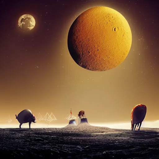 Image similar to circus on the surface of the moon, landscape, magical, warm light, photo realistic