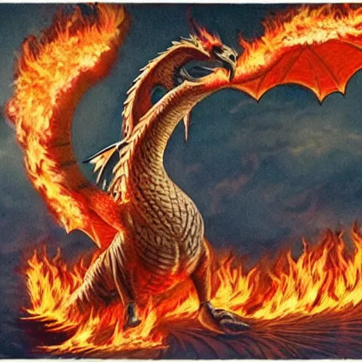Image similar to fire breathing geese dragon, geese spitting fire, flying bird, fire from mouth, flame thrower