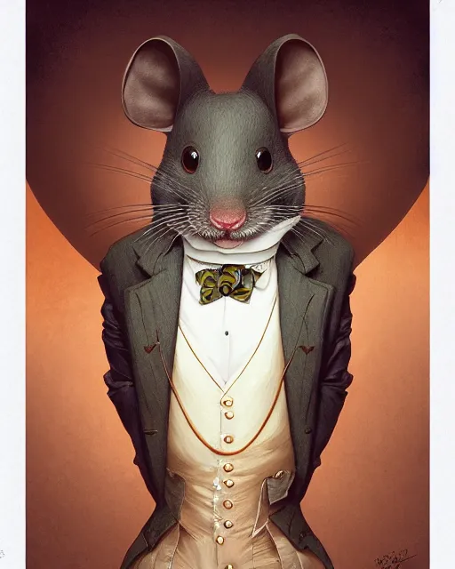 Prompt: anthropomorphic art of a detective mouse, victorian inspired clothing by artgerm, victo ngai, ryohei hase, artstation. fractal papersand books. highly detailed digital painting, smooth, global illumination, fantasy art by greg rutkowsky, karl spitzweg