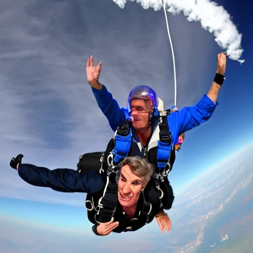 Image similar to bill nye the science guy skydiving, photorealistic