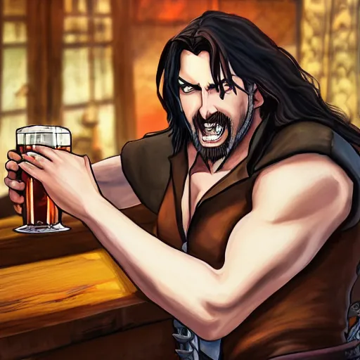 Image similar to Beautiful painting of Trevor Belmont from Castlevania, enjoying a pint of ale at a tavern, HDR, happily smiling at the camera, holding the pint of ale, sitting at the bar, warm lantern lighting.