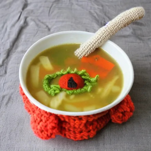 Image similar to a bowl of soup that looks like a monster, all as knitted yarn