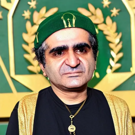 Image similar to jafar panahi, clean shaven, wearing a green tracksuit and gold necklace with large star shaped gold medallion