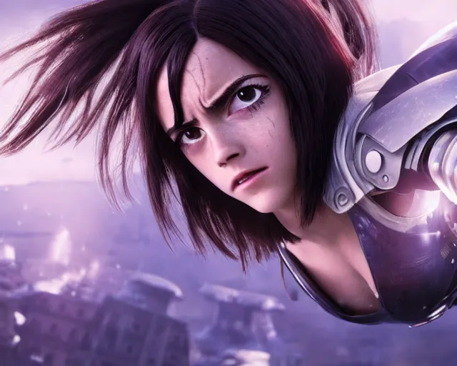 Image similar to a film still from battle angel alita played by actress emma watson, portrait, cinematic lighting, photorealistic, hyperrealistic, highly detailed, photorealistic, high resolution, 4 k