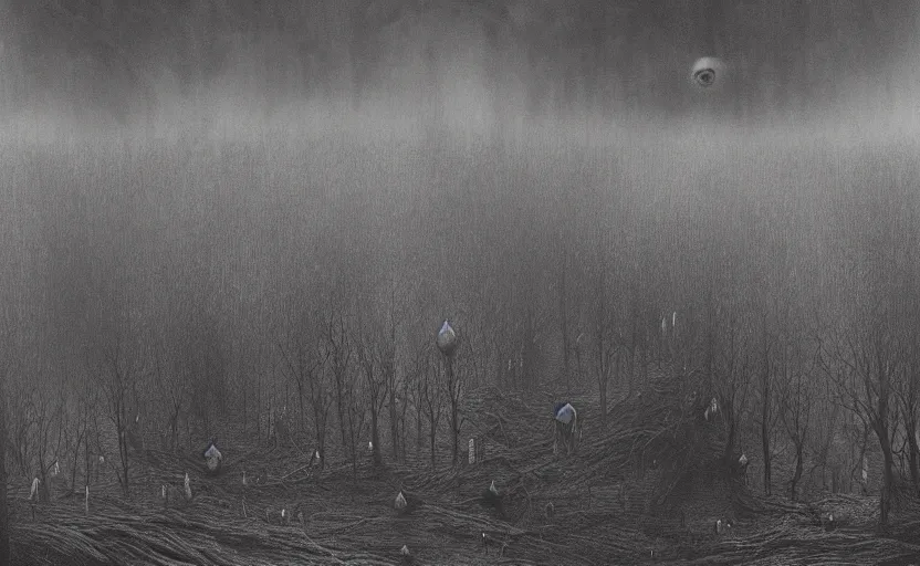 Image similar to people camping in a forest of nightmares by Beksinski, 4k, masterpiece