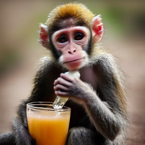 Prompt: cute baby monkey drinking juice, 4k, realistic photo