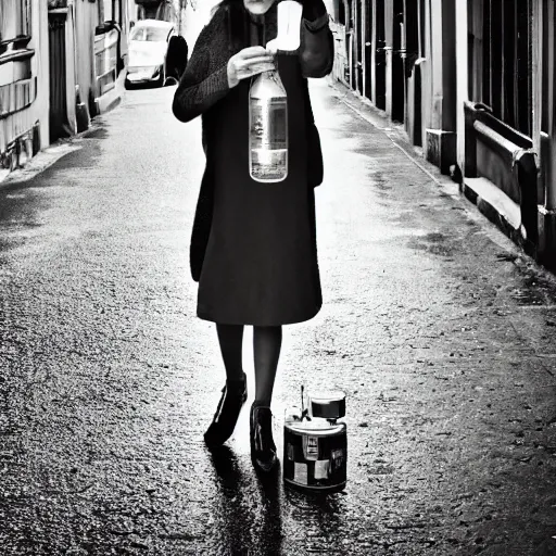 Image similar to photograph of antromoponorfic woman holding a bottle in street, surrealism, fashion shoot, award winning, kodak, 4 k, realistic intricate detail, hyper detail, woman very tired, full body potrait holding bottle, hazel green eyes, realistic, highlydetailed, natural, masterpiece, sharp focus, jennysaville