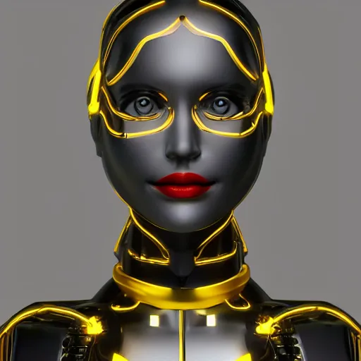 Prompt: womanized humanoid robot made of steel, beautiful face, short hair!!!, big breasts, black and yellow, anatomically correct, futuristic, glowing details!, symmetrical, unreal engine, ray tracing, 8 k, uhd, ultrarealistic, clear, sharp, highly detailed