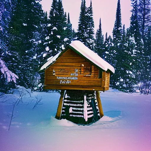 Prompt: view of a snowglobe neighbourhood that is sitting on a table of a cabin at night with stove, ektachrome photo, f8 aperture