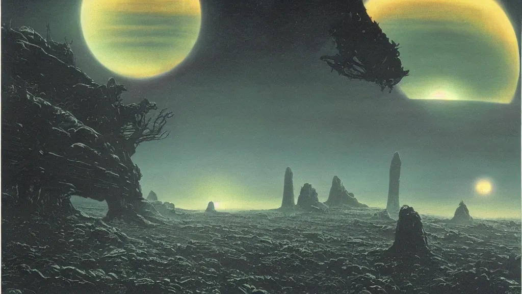 Image similar to eerie atmospheric alien planet with sinister landscape by angus mckie and bob eggleton and chris moore, epic cinematic matte painting