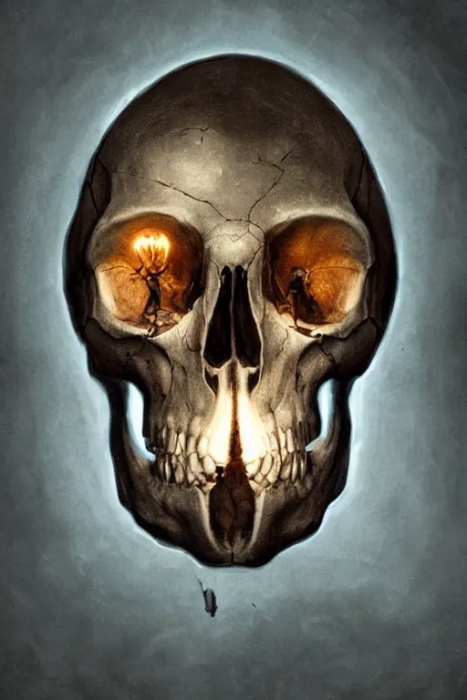 Image similar to photorealistic dark fantasy concept art of a lightbulb made from a human skull, dynamic lighting, stunning visuals, realism, cinematic, hyper detailed, ultra detailed, beautiful visuals