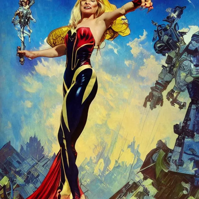 Prompt: an aesthetic!, detailed portrait of margot robbie dressed as a superhero for marvel studios, action movie still, by frank frazetta and alphonse mucha, oil on canvas, bright colors, art nouveau, epic composition, dungeons & dragons, fantasy art, hd, god - rays, ray - tracing, crisp contour - lines, huhd - 8 k