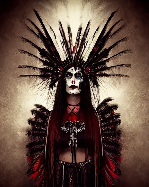 Image similar to lady native sisters ghost - spirit of the grim - warpaint wears the scarlet skull armor and native blood headdress feathers, midnight fog - mist!, dark oil painting colors, realism, cinematic lighting, various refining methods, micro macro autofocus, ultra definition, award winning photo, photograph by ghostwave - gammell - giger - shadowlord