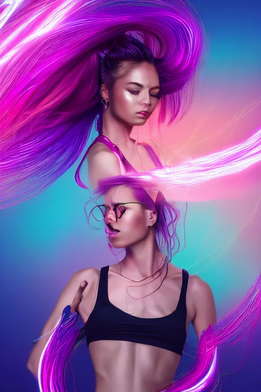 Image similar to a award winning half body portrait of a beautiful woman in a croptop and cargo pants with ombre purple pink teal hairstyle with head in motion and hair flying, surrounded by whirling illuminated lines, outrun, vaporware, shaded flat illustration, digital art, trending on artstation, highly detailed, fine detail, intricate