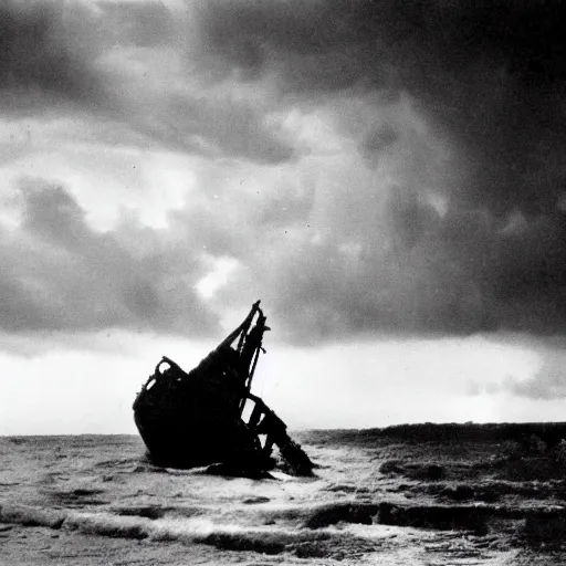 Image similar to shipwreck in thunderstorm, movie still, cinematic Eastman 5384 film