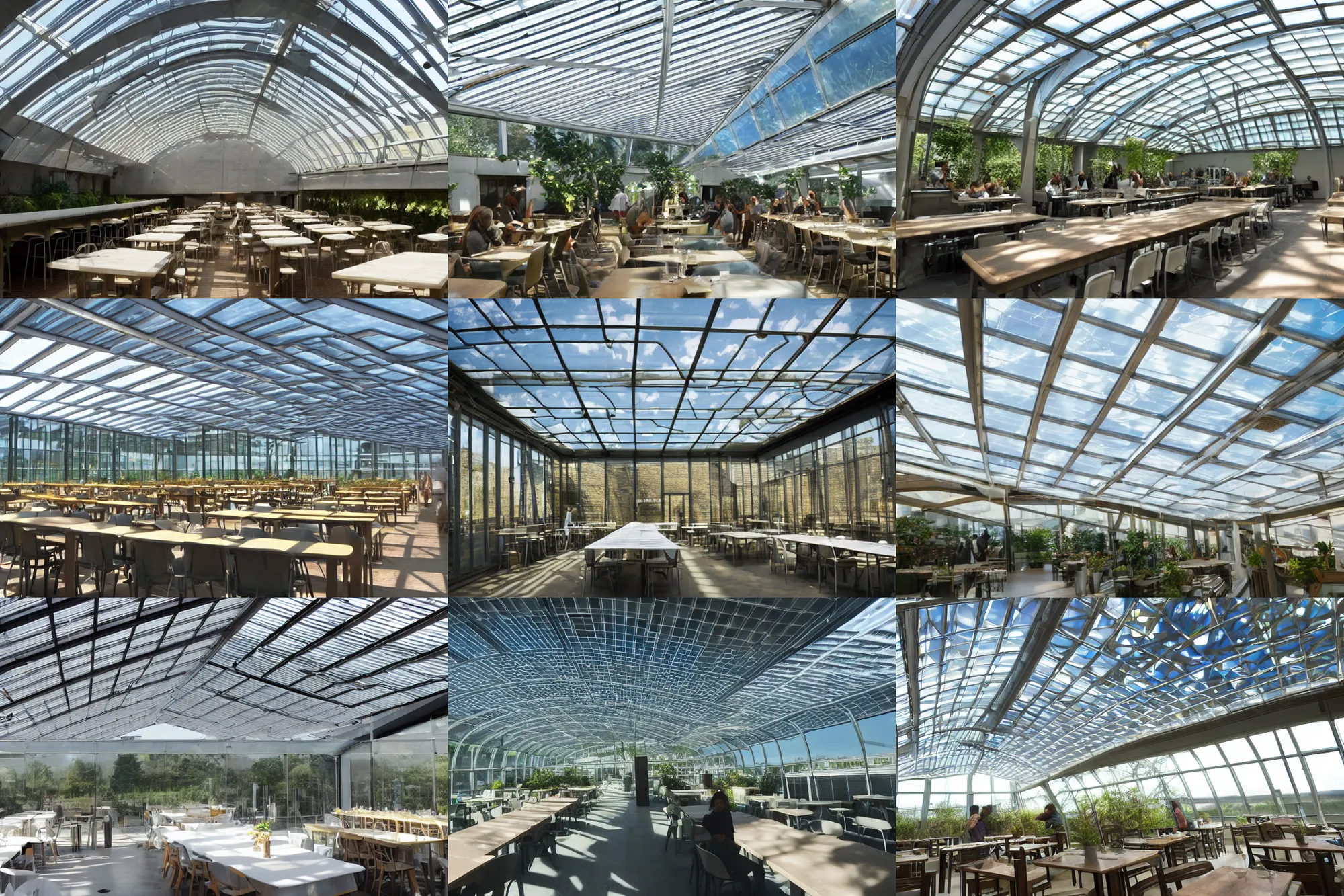 Prompt: solarpunk cantine, glass roof, smooth, soft lighting