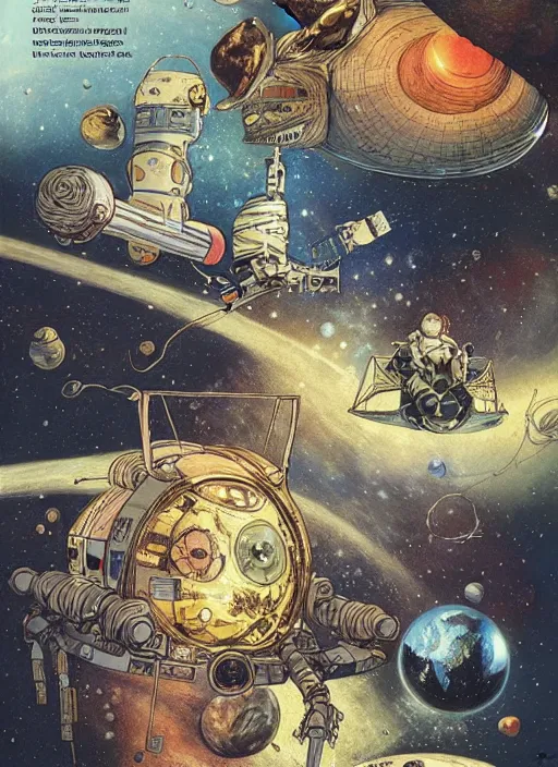Prompt: a full page of an epic graphic novel about space exploration, by karol bak and kate greenaway