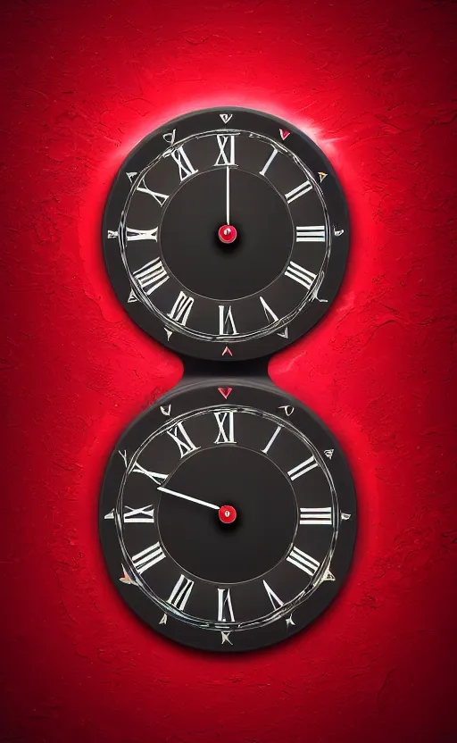 Image similar to a melting Roman numeral clock, behind a red and black gradient background, awith a black heart shaped on the top left corner and a black diamond card shape in the bottom right corner, dynamic lighting, photorealistic fantasy concept art, trending on art station, stunning visuals, cinematic, creative, ultra detailed