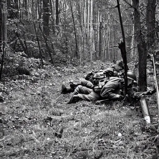 Prompt: ww 2 battlefield encounter in the woods