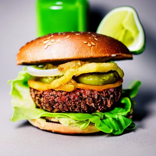 Prompt: juicy vegan hamburger with guacamole topping and crispy fried onion topping and a fried egg topping, crispy buns, 8 k resolution, professional food photography, studio lighting, sharp focus, hyper - detailed