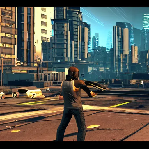 Image similar to Open world GTA-like cyberpunk game, futuristic city, HUD, screenshot, PlayStation 2