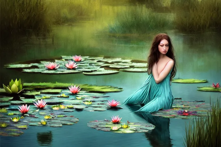 Image similar to light teal portrait in the rain on pond with waterlilies, fantasy, intricate, elegant, dramatic lighting, emotionally evoking symbolic metaphor, highly detailed, lifelike, photorealistic, digital painting, artstation, concept art, smooth, sharp focus, illustration, art by John Collier and Albert Aublet and Krenz Cushart and Artem Demura and Alphonse Mucha