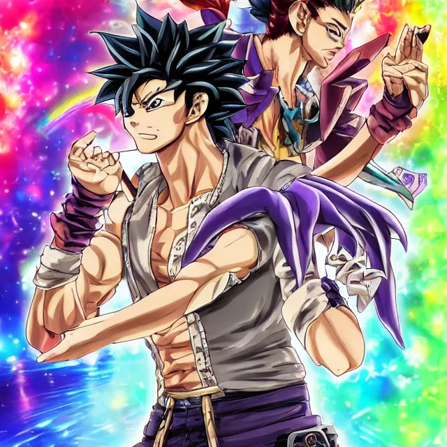 Prompt: handsome anime man channels the universe's energy in the style of jojo's bizarre adventure, ultrafine hyperrealistic detailed face illustration by kim jung gi, toriyama, intricate linework, sharp focus, bright colors, matte, octopath traveler, final fantasy, unreal engine highly rendered, global illumination, radiant light, intricate rainbow environment