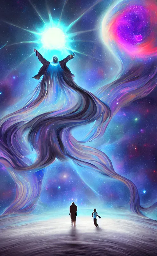 Image similar to Meeting God in the universe, digital art, trending on art station