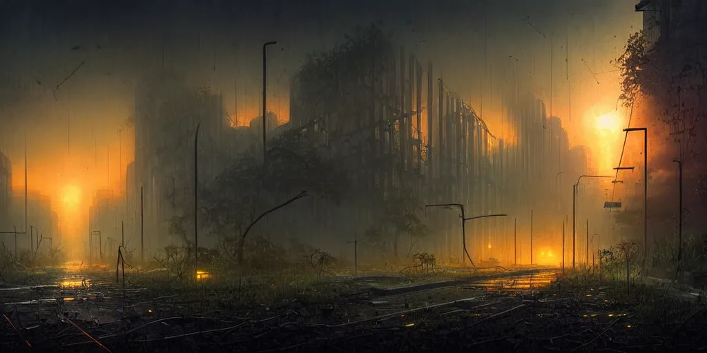 Image similar to ruins of a modern city at dusk, overgrown, cracked roads with weeds, glowing fungus, misty, glowing horizon, fireflies, ultra high definition, ultra detailed, symmetry, sci - fi, dark fantasy, by greg rutkowski and ross tran