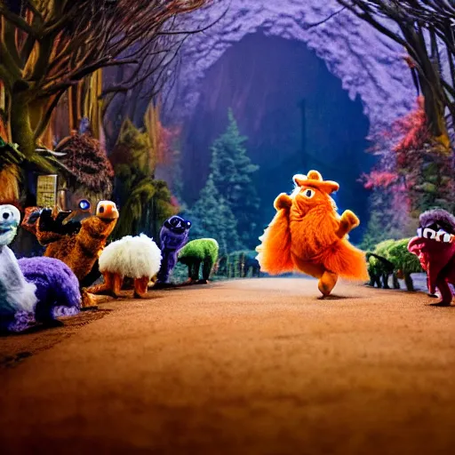 Prompt: a large orange fox muppet wearing a hooded cloak and herding a bunch of random muppet animals following behind through a dark blue forest, sesame street, photograph, photography, ultrarealistic, national geographic